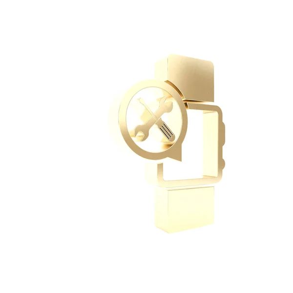 Gold-Smartwatch mit Schraubenzieher und Schraubenschlüssel-Symbol isoliert auf weißem Hintergrund. Anpassung, Service, Einstellung, Wartung, Reparatur, Reparatur. 3D Illustration 3D Renderer — Stockfoto