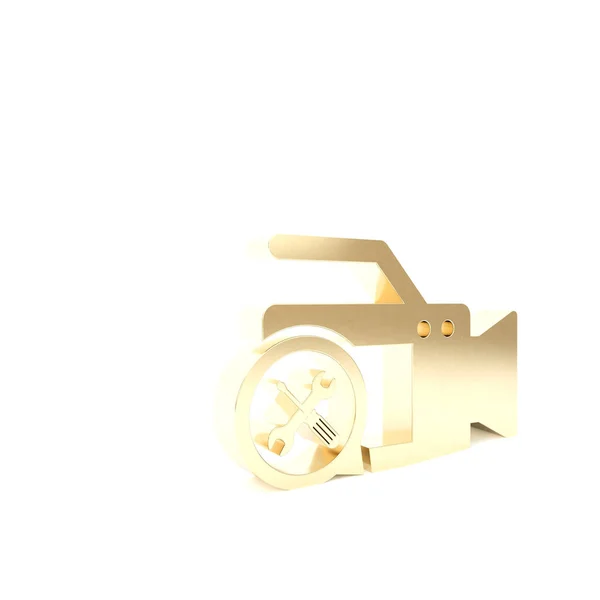 Câmera de vídeo dourada com chave de fenda e ícone de chave isolada no fundo branco. Ajuste, serviço, configuração, manutenção, reparação, fixação. 3D ilustração 3D render — Fotografia de Stock