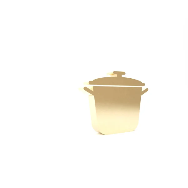 白い背景に隔離されたゴールド調理ポットアイコン。沸騰またはシチュー食品のシンボル。3Dイラスト3Dレンダリング — ストック写真