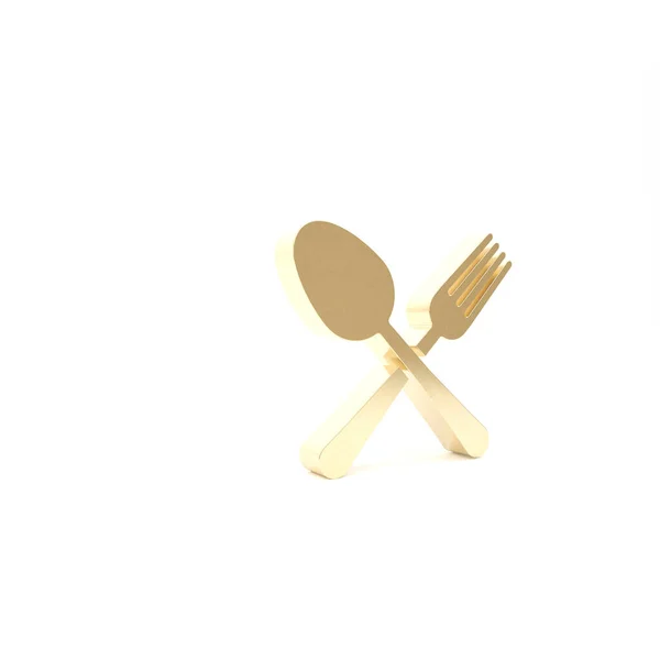 Gold Crossed forchetta e cucchiaio icona isolata su sfondo bianco. Utensile da cucina. Segno di posate. Illustrazione 3d rendering 3D — Foto Stock