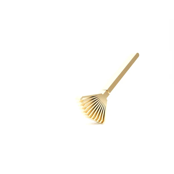 Gold Gartenharke für Blätter Symbol isoliert auf weißem Hintergrund. Werkzeug für Gartenbau, Landwirtschaft, Landwirtschaft. Bodenbearbeitung. 3D Illustration 3D Renderer — Stockfoto
