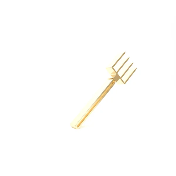 Значок Gold Garden pitchfork выделен на белом фоне. Вывеска с вилкой. Инструмент для садоводства, сельского хозяйства, сельского хозяйства. 3D-рендеринг — стоковое фото