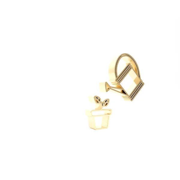 Gold Watering can sprays water drops above plant in pot icon isolated on white background. Irrigation symbol. 3d illustration 3D render — Stock Photo, Image