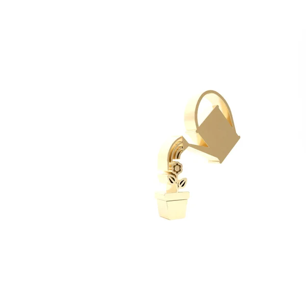 L'innaffiamento dell'oro può spruzzare le gocce d'acqua sopra il fiore nell'icona della pentola isolata su sfondo bianco. Simbolo di irrigazione. Illustrazione 3d rendering 3D — Foto Stock
