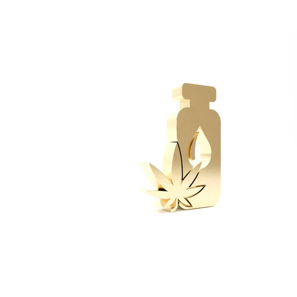 Gold Medical marijuana or cannabis leaf olive oil drop icon isolated on white background. Extrato de cannabis. Símbolo de cânhamo. 3D ilustração 3D render — Fotografia de Stock