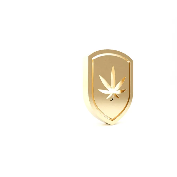 Gold Shield och marijuana eller cannabis blad ikon isolerad på vit bakgrund. Marijuana legalisering. Hampa symbol. 3D-illustration 3D-återgivning — Stockfoto