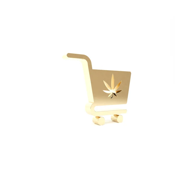 Carrinho de compras de ouro com ícone de folha de maconha ou cannabis isolado no fundo branco. Compra online. Serviço de entrega. Cesta de supermercado. 3D ilustração 3D render — Fotografia de Stock
