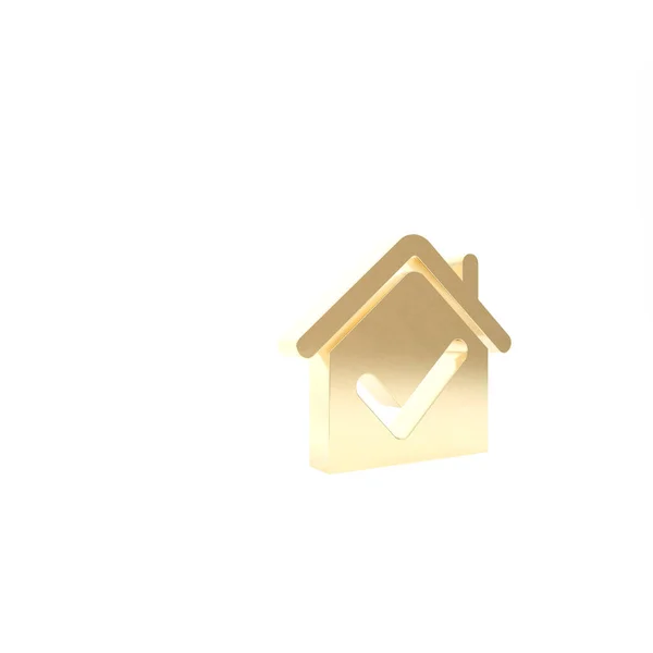 Casa de oro con icono de marca de verificación aislado sobre fondo blanco. Agencia inmobiliaria o casa de campo clase elite ciudad. 3D ilustración 3D render —  Fotos de Stock