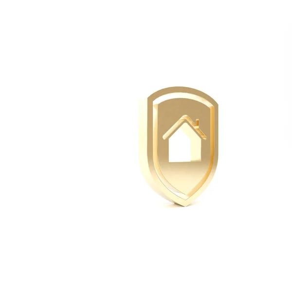 Gold House sous icône de protection isolé sur fond blanc. Maison et bouclier. Protection, sûreté, sécurité, protection, concept de défense. Illustration 3D rendu 3D — Photo