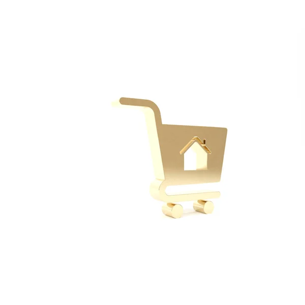 Золотий кошик з іконою будинку ізольовано на білому тлі. Купити концепцію будинку. Концепція домашнього кредиту, оренда, купівля нерухомості. 3D ілюстрація 3D рендеринга — стокове фото
