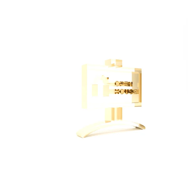 Sinal de suspensão de ouro com texto Ícone da casa aberta isolado no fundo branco. Sinalização com texto Open house. 3D ilustração 3D render — Fotografia de Stock