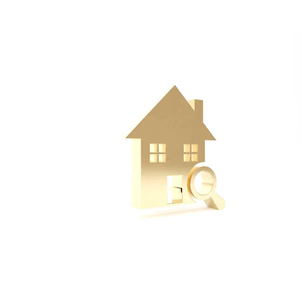 Золотий пошук іконки будинку ізольовані на білому тлі. Символ нерухомості будинку під збільшувальним склом. 3D ілюстрація 3D рендеринга — стокове фото
