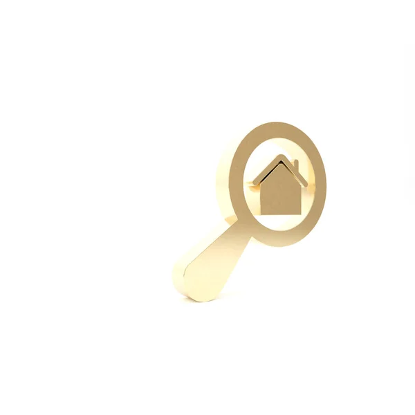 Icono de la casa Gold Search aislado sobre fondo blanco. Símbolo inmobiliario de una casa bajo lupa. 3D ilustración 3D render —  Fotos de Stock