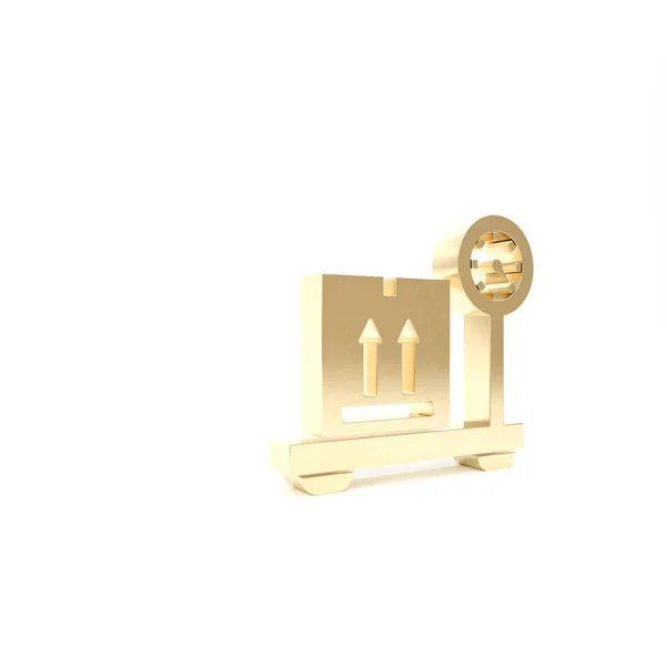 Goldwaage mit Pappschachtel-Symbol auf weißem Hintergrund. Logistik und Lieferung. Gewicht der Lieferung Paket auf einer Waage. 3D Illustration 3D Renderer — Stockfoto