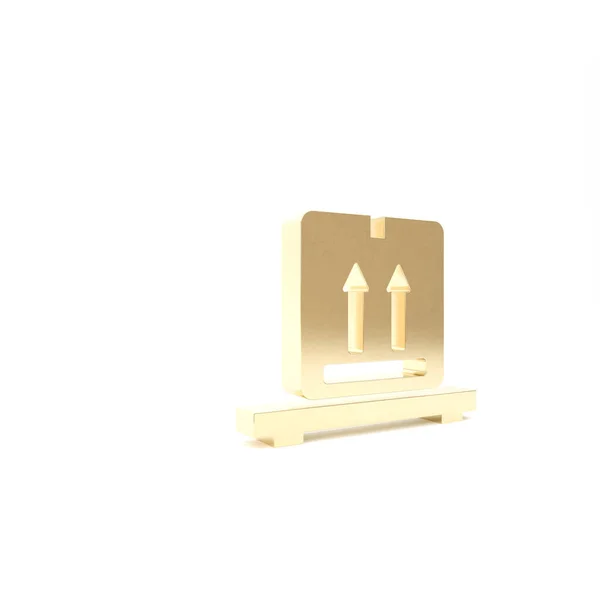 Caixas de papelão dourado no ícone de paletes isolado no fundo branco. Caixa de embalagem de entrega de cartão fechado com sinais frágeis. 3D ilustração 3D render — Fotografia de Stock