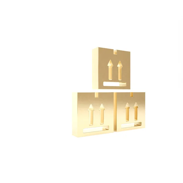 Guldkartong låda med trafiksymbol ikon isolerad på vit bakgrund. Lådan, paketet, paketskylten. Leverans, transport och frakt. 3D-illustration 3D-återgivning — Stockfoto
