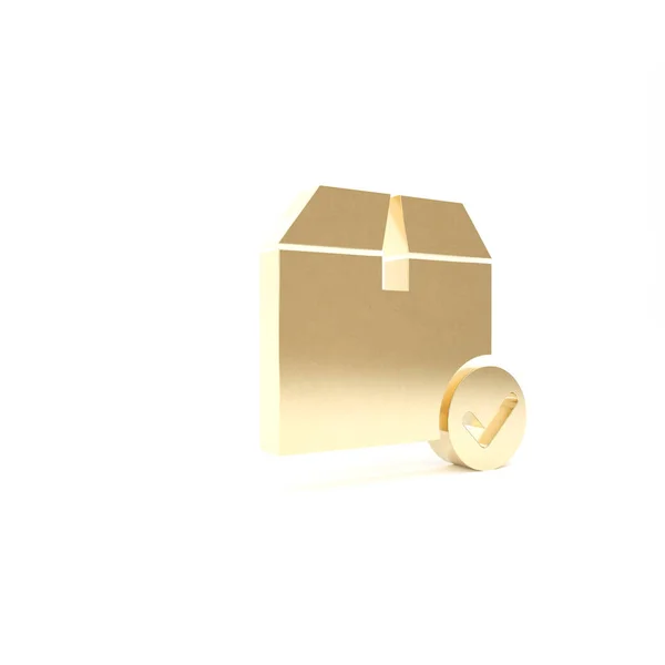 Złote pudełko z ikoną znaku kontrolnego na białym tle. Skrzynka na paczki ze znakiem kontrolnym. Zatwierdzona dostawa lub pomyślny odbiór przesyłki. Ilustracja 3d — Zdjęcie stockowe