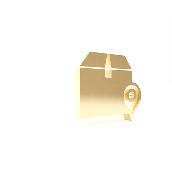 Złoto Lokalizacja z kartonową ikoną pudełka na białym tle. Usługi dostawy, logistyka i transport, relokacja, dystrybucja. Ilustracja 3d — Zdjęcie stockowe