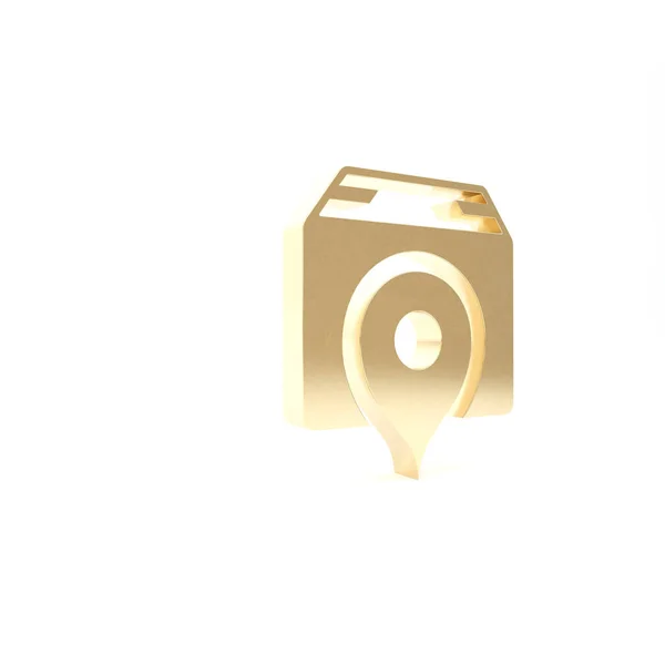 Gold Location with cardboard box icon isolated on white background. Delivery services, logistic and transportation, relocation, distribution. 3d illustration 3D render — Stock Photo, Image