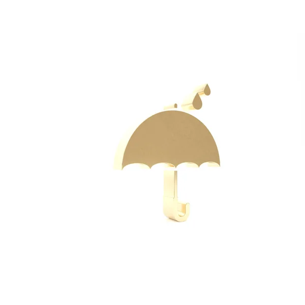 Gouden paraplu en regendruppels pictogram geïsoleerd op witte achtergrond. Waterdicht icoon. Bescherming, veiligheid, beveiligingsconcept. Waterbestendig symbool. 3d illustratie 3d renderen — Stockfoto