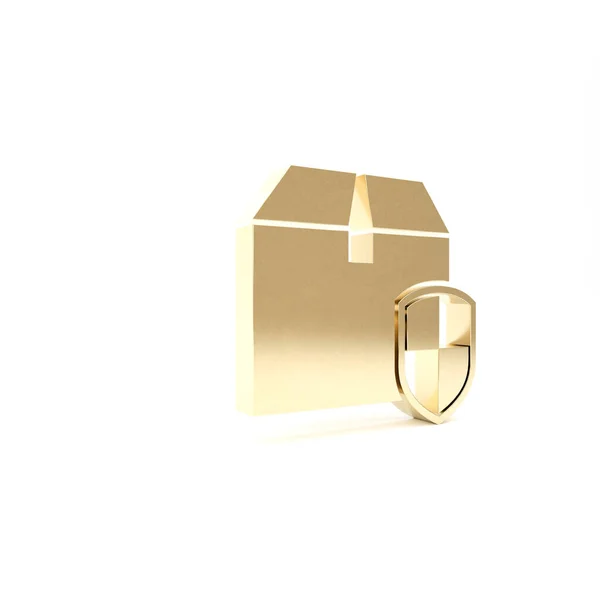 Gold Delivery pack symbole de sécurité avec icône de bouclier isolé sur fond blanc. Assurance livraison. Boîtes en carton assurées au-delà du bouclier. Illustration 3D rendu 3D — Photo