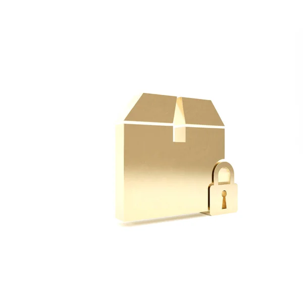 Gold gesperrt Paket Symbol isoliert auf weißem Hintergrund. Schloss und Karton. 3D Illustration 3D Renderer — Stockfoto