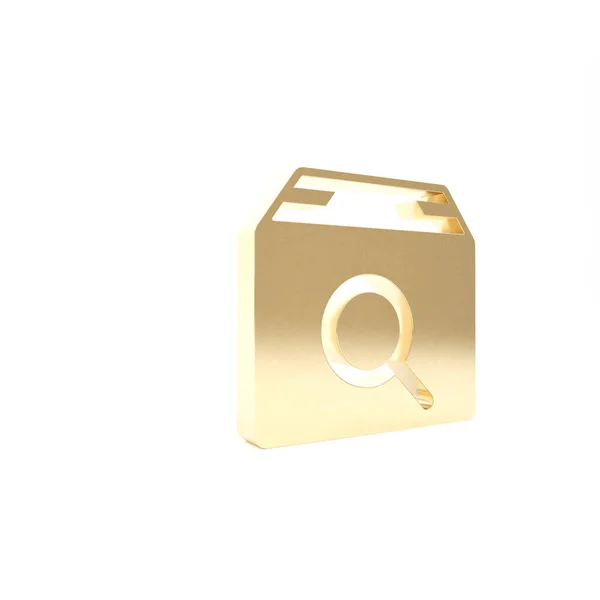 Gold Search paket ikon isolerad på vit bakgrund. Paketspårningssymbol. Förstoringsglas och pappkartong. Logistik och leverans. 3D-illustration 3D-återgivning — Stockfoto