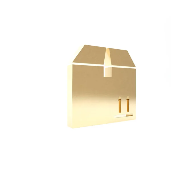 金色纸盒,交通符号图标隔离在白色背景上. 盒子，包裹，包裹签名。 交付、运输和航运。 3d说明3d — 图库照片