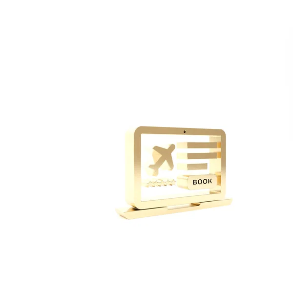 Золотий ноутбук із значком електронного посадкового талона авіаквитка ізольовано на білому тлі. Пасажирський літак мобільний квиток для веб і додатків. 3D ілюстрація 3D рендеринга — стокове фото