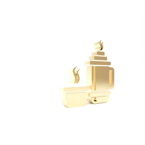 Золотой термос контейнер значок изолирован на белом фоне. Значок термофляжки. Оборудование для кемпинга и походов. 3D-рендеринг — стоковое фото