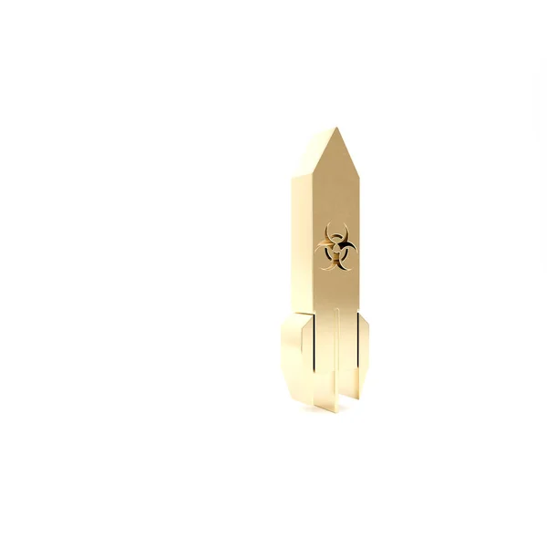 Gold Biohazard Rakete Symbol isoliert auf weißem Hintergrund. Rakete fliegt herunter. 3D Illustration 3D Renderer — Stockfoto