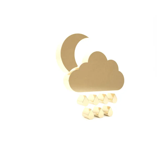 Gold Cloud with rain and moon icon isolated on white background. Rain cloud precipitation with rain drops. 3d illustration 3D render