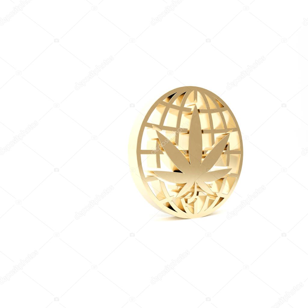 Gold Legalize marijuana or cannabis globe symbol icon isolated on white background. Hemp symbol. 3d illustration 3D render