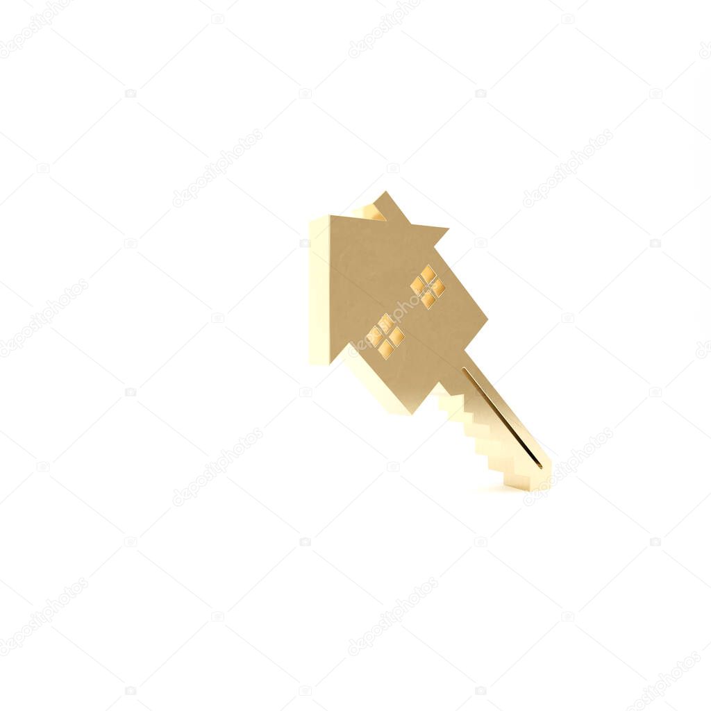 Gold House with key icon isolated on white background. The concept of the house turnkey. 3d illustration 3D render