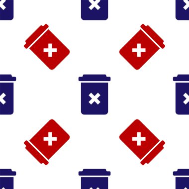 Mavi ve kırmızı çöp kutusu simgesi beyaz arkaplanda izole edilmiş kusursuz desen. Simgeyi sil. Çöp kutusu tabelası. Sepet simgesini geri dönüştür. Ofis çöpü ikonu. Vektör İllüstrasyonu