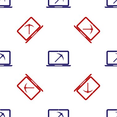Laptop ve kazma ikonuyla mavi ve kırmızı madencilik kavramı beyaz arka planda izole edilmiş. Engelleme teknolojisi, kripto para birimi madenciliği, dijital para piyasası. Vektör İllüstrasyonu