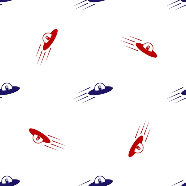 Blaues und rotes Ufo-fliegendes Raumschiff und Alien-Symbol isoliert nahtloses Muster auf weißem Hintergrund. fliegende Untertasse. Alien-Raumschiff. futuristisches unbekanntes Flugobjekt. Vektorillustration — Stockvektor