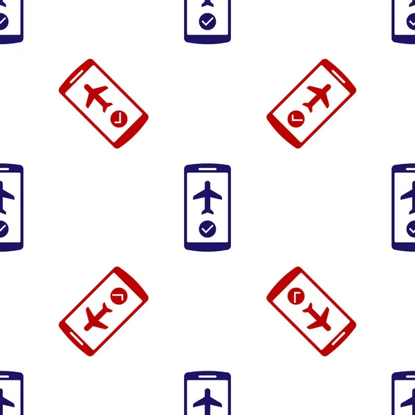 Modo de voo azul e vermelho no ícone do telefone móvel isolado padrão sem costura no fundo branco. Avião ou avião voo off-line modo de regulação de passageiros companhia aérea. Ilustração vetorial — Vetor de Stock