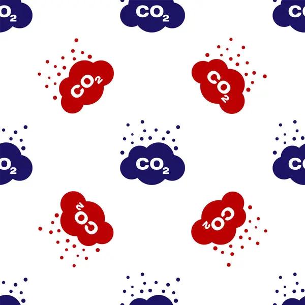 Blue and red CO2 emissions in cloud icon isolated seamless pattern on white background. Carbon dioxide formula symbol, smog pollution concept, environment concept. Vector Illustration — Stock Vector