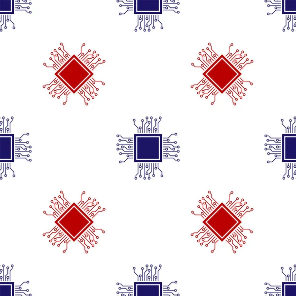 Icono azul y rojo Procesador aislado patrón sin costura sobre fondo blanco. CPU, unidad central de procesamiento, microchip, microcircuito, procesador de computadoras, chip. Ilustración vectorial — Vector de stock
