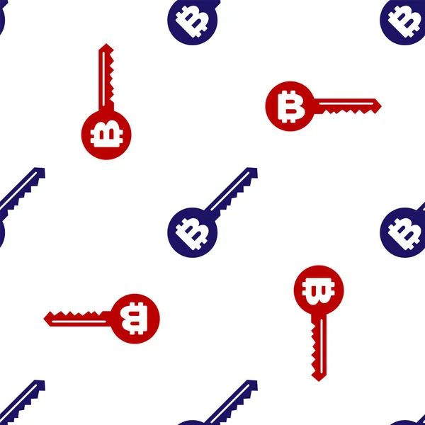 Blaues und rotes Kryptowährungs-Schlüsselsymbol isoliert nahtlose Muster auf weißem Hintergrund. Konzept der Cybersicherheit oder privater Schlüssel, digitaler Schlüssel mit Technologie-Schnittstelle. Vektorillustration — Stockvektor
