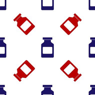 Mavi ve kırmızı ilaç şişesi ikonu beyaz arka planda izole edilmiş pürüzsüz desen. Şişe hapı işareti. Eczane tasarımı. Vektör İllüstrasyonu