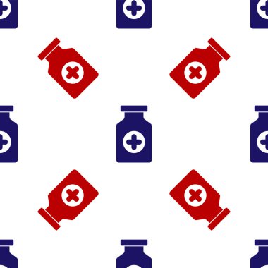 Mavi ve kırmızı ilaç şişesi ikonu beyaz arka planda izole edilmiş pürüzsüz desen. Şişe hapı işareti. Eczane tasarımı. Vektör İllüstrasyonu