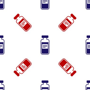 Mavi ve kırmızı tıbbi şişe, ampul, şişe ikonu beyaz arka planda izole edilmiş pürüzsüz desen. Aşı, iğne, aşı, sağlık hizmeti konsepti. Vektör İllüstrasyonu