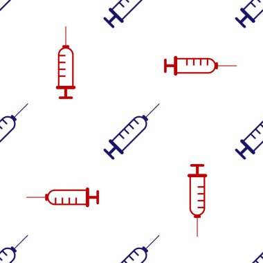 Mavi ve kırmızı şırınga ikonu beyaz arkaplandaki kusursuz deseni izole etti. Aşı için şırınga, aşı, iğne, grip aşısı. Tıbbi ekipman. Vektör İllüstrasyonu