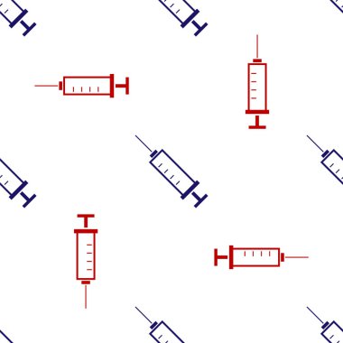 Mavi ve kırmızı şırınga ikonu beyaz arkaplandaki kusursuz deseni izole etti. Aşı için şırınga, aşı, iğne, grip aşısı. Tıbbi ekipman. Vektör İllüstrasyonu
