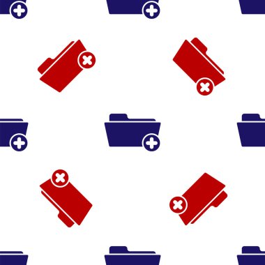 Sağlık ikonu için mavi ve kırmızı tıbbi kayıt klasörü beyaz arka planda izole edilmiş kusursuz desen. Hasta dosya simgesi. Tıbbi geçmiş sembolü. Vektör İllüstrasyonu