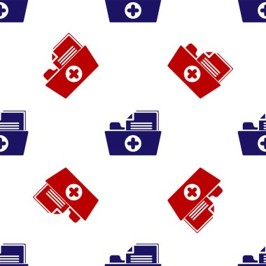 Sağlık ikonu için mavi ve kırmızı tıbbi kayıt klasörü beyaz arka planda izole edilmiş kusursuz desen. Hasta dosya simgesi. Tıbbi geçmiş sembolü. Vektör İllüstrasyonu