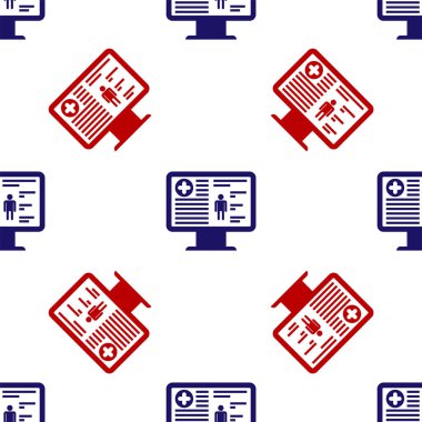 Monitör ikonundaki mavi ve kırmızı tıbbi kayıtlar beyaz arka planda izole edilmiş kusursuz desen. Sağlık sigortası formu. Reçete, tıbbi kontrol işaretleri raporu. Vektör İllüstrasyonu