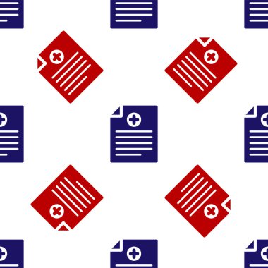 Klinik kayıt simgesine sahip mavi ve kırmızı tıbbi pano beyaz arka planda izole edilmiş pürüzsüz desen. Sağlık sigortası formu. Reçete, tıbbi kontrol işaretleri raporu. Vektör İllüstrasyonu